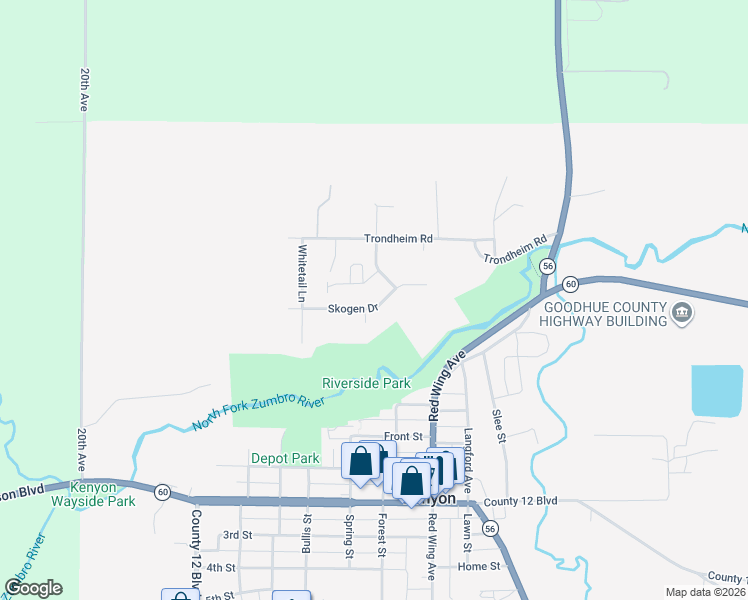 map of restaurants, bars, coffee shops, grocery stores, and more near 406 Skogen Drive in Kenyon