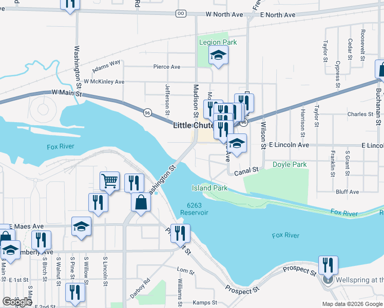 map of restaurants, bars, coffee shops, grocery stores, and more near 413 Madison St in Little Chute