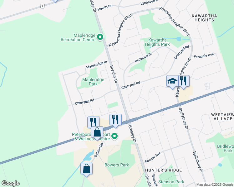 map of restaurants, bars, coffee shops, grocery stores, and more near 1769 Cherryhill Road in Peterborough