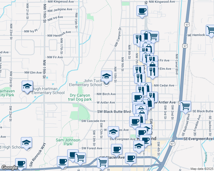 map of restaurants, bars, coffee shops, grocery stores, and more near 209 Northwest 10th Street in Redmond
