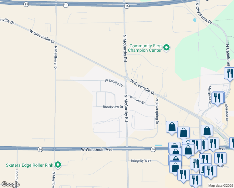 map of restaurants, bars, coffee shops, grocery stores, and more near 5400 Pleasant Way in Appleton