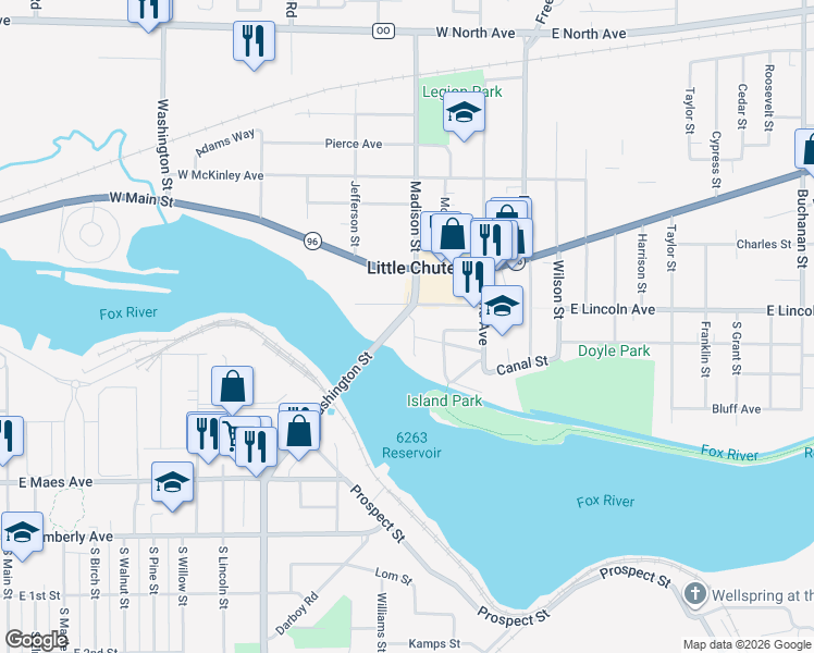 map of restaurants, bars, coffee shops, grocery stores, and more near 413 Madison Street in Little Chute