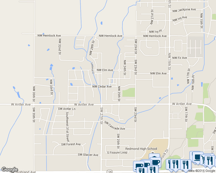 map of restaurants, bars, coffee shops, grocery stores, and more near 2633 NW Cedar Ave in Redmond