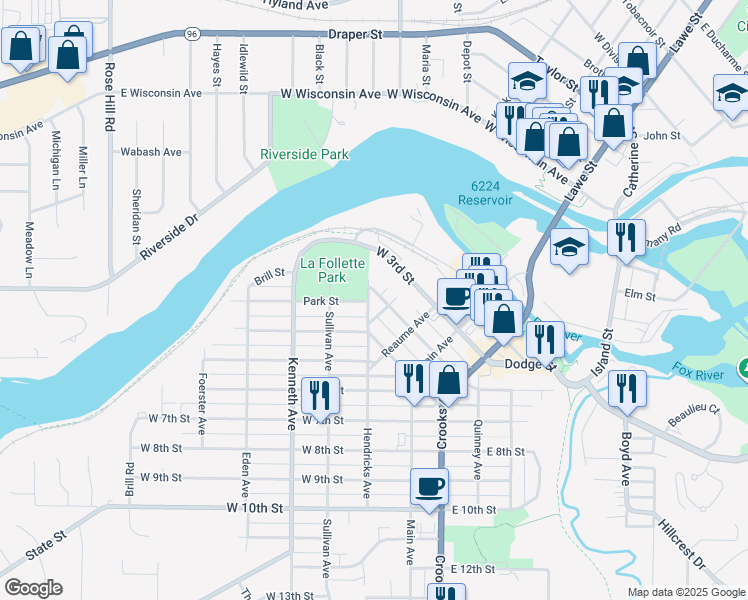 map of restaurants, bars, coffee shops, grocery stores, and more near 309 West 4th Street in Kaukauna