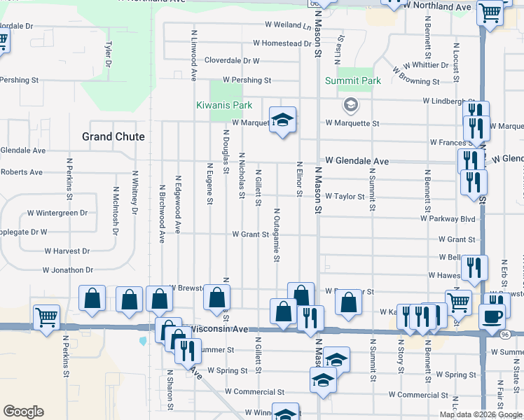 map of restaurants, bars, coffee shops, grocery stores, and more near 1764 North Gillett Street in Appleton