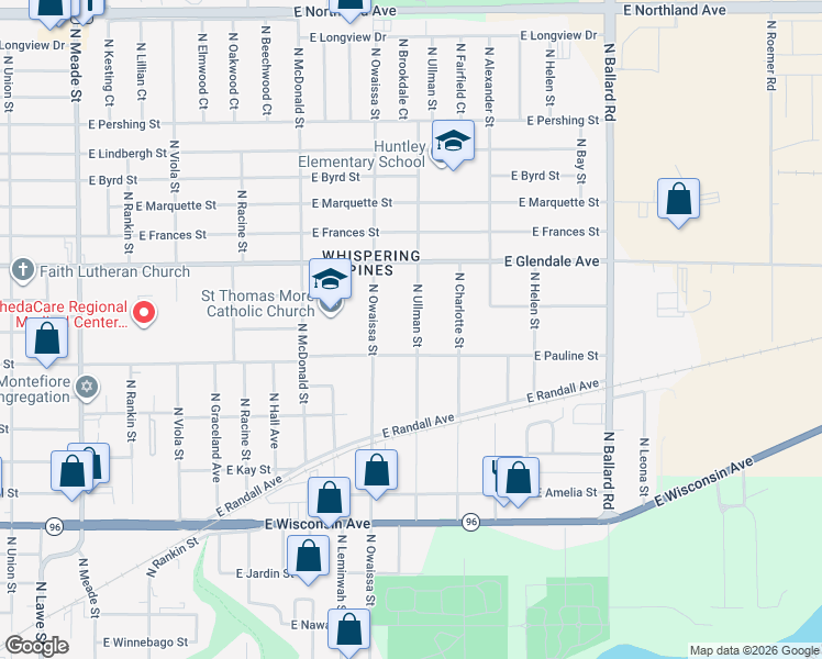 map of restaurants, bars, coffee shops, grocery stores, and more near 1801 North Ullman Street in Appleton