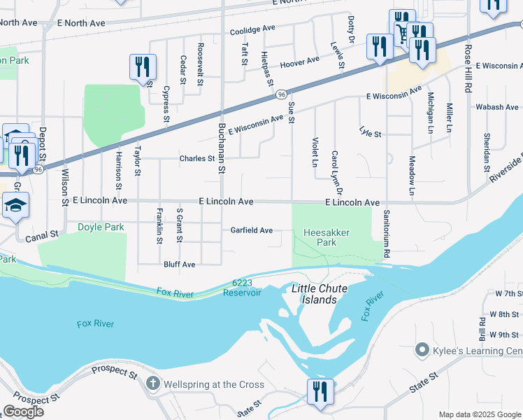map of restaurants, bars, coffee shops, grocery stores, and more near 1217 East Lincoln Avenue in Little Chute