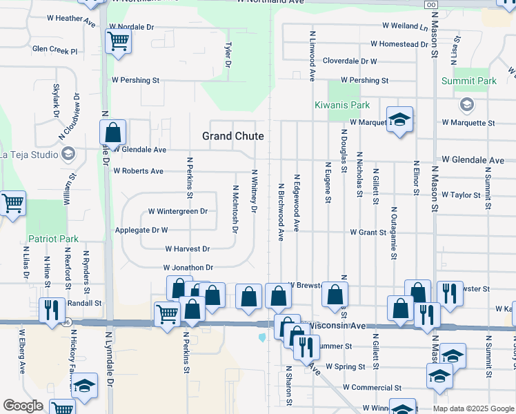 map of restaurants, bars, coffee shops, grocery stores, and more near 1814 North Whitney Drive in Appleton