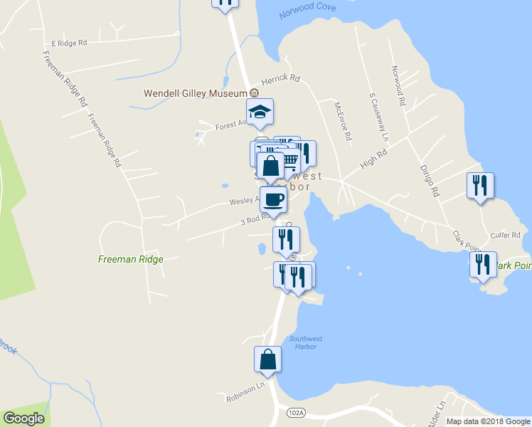 map of restaurants, bars, coffee shops, grocery stores, and more near 376 Main Street in Southwest Harbor