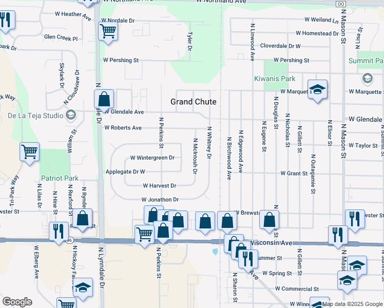 map of restaurants, bars, coffee shops, grocery stores, and more near 1811 North McIntosh Drive in Appleton