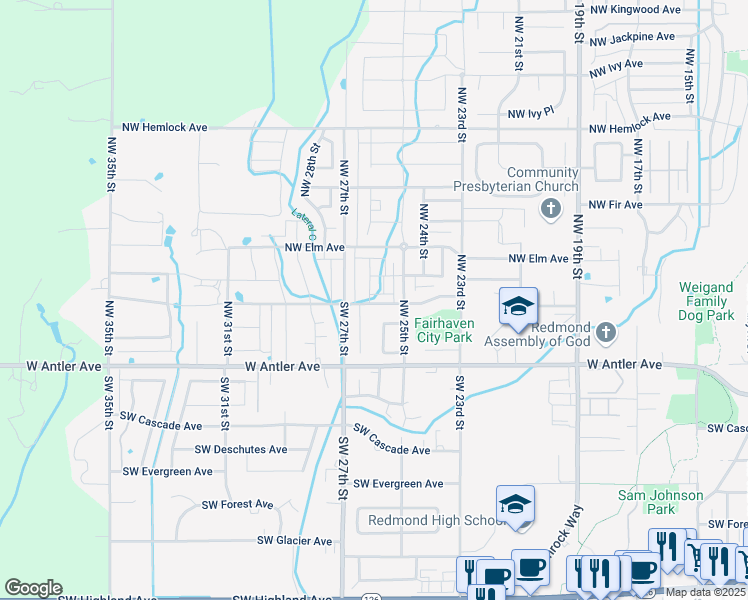 map of restaurants, bars, coffee shops, grocery stores, and more near 2565 Northwest Cedar Avenue in Redmond