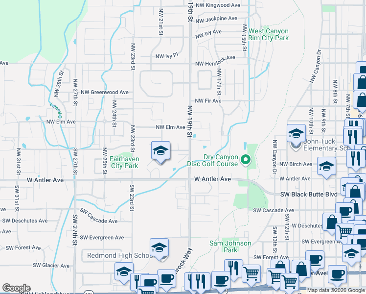 map of restaurants, bars, coffee shops, grocery stores, and more near 1935 Northwest Cedar Avenue in Redmond