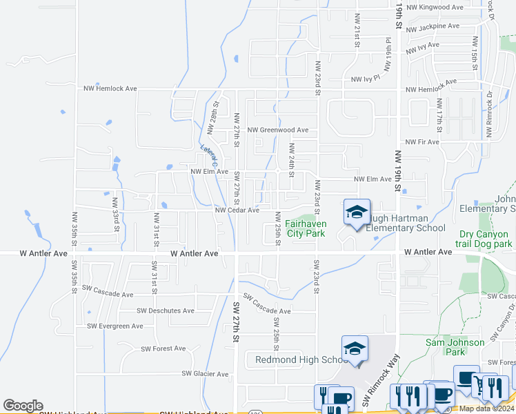 map of restaurants, bars, coffee shops, grocery stores, and more near 2563 Northwest Cedar Avenue in Redmond