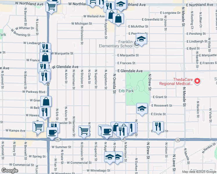 map of restaurants, bars, coffee shops, grocery stores, and more near 1806 North Appleton Street in Appleton
