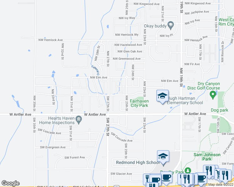 map of restaurants, bars, coffee shops, grocery stores, and more near 2585 Northwest Cedar Avenue in Redmond