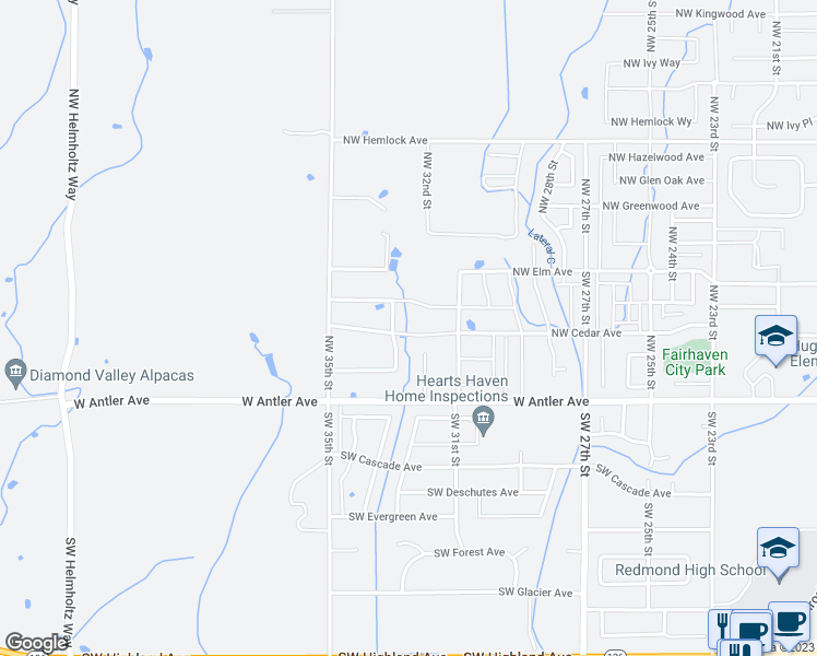 map of restaurants, bars, coffee shops, grocery stores, and more near 3279 Northwest Cedar Avenue in Redmond