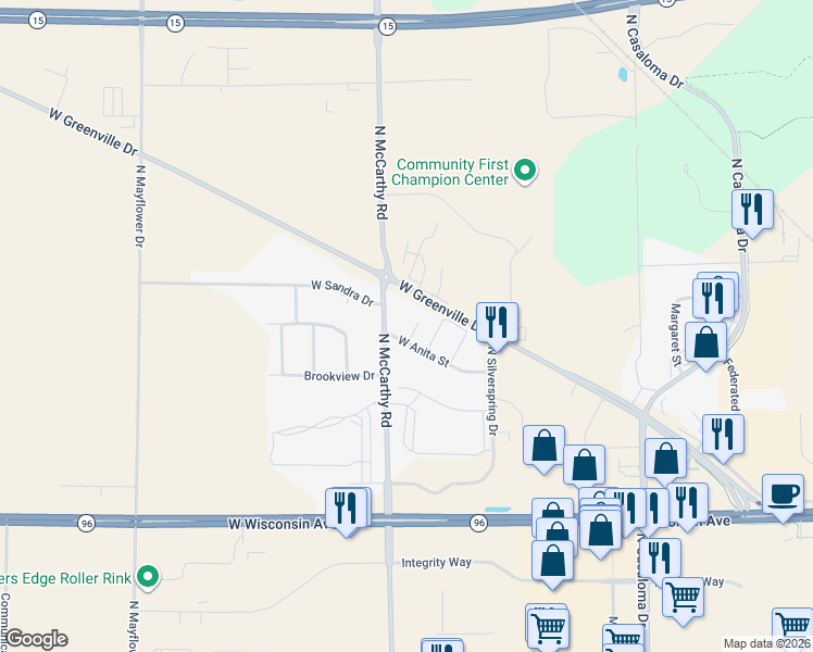map of restaurants, bars, coffee shops, grocery stores, and more near 1966 Anita Court in Appleton