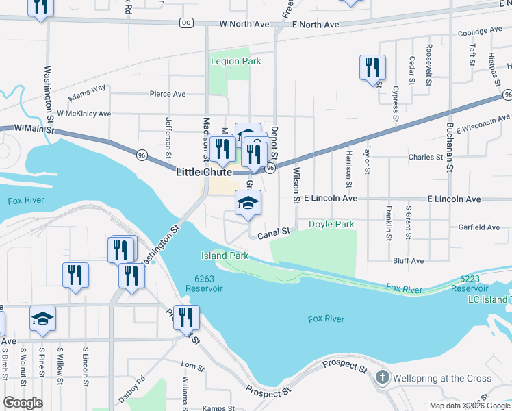 map of restaurants, bars, coffee shops, grocery stores, and more near 424 Grand Avenue in Little Chute
