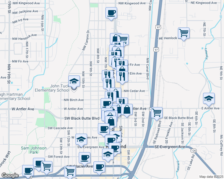 map of restaurants, bars, coffee shops, grocery stores, and more near 507 Northwest Cedar Avenue in Redmond
