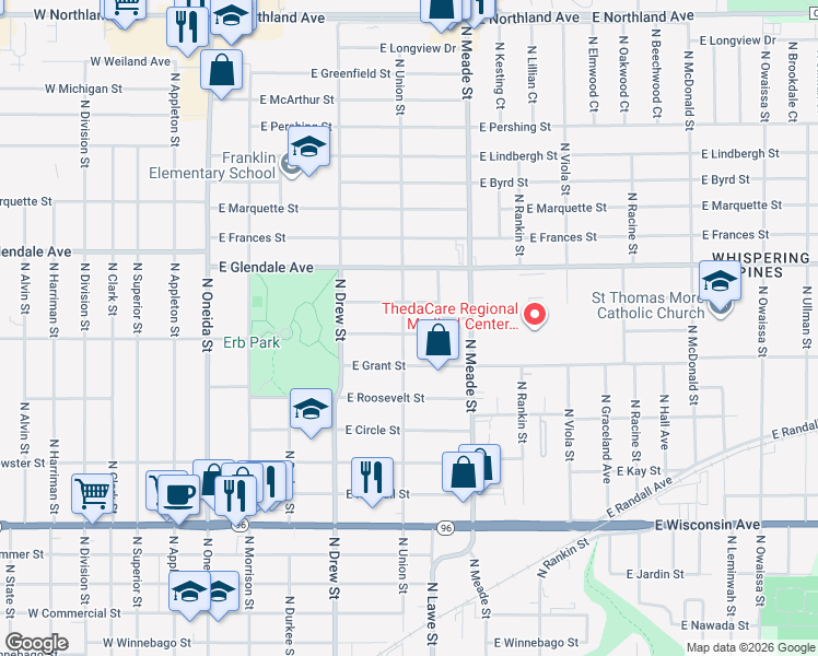 map of restaurants, bars, coffee shops, grocery stores, and more near 600 East Parkway Boulevard in Appleton