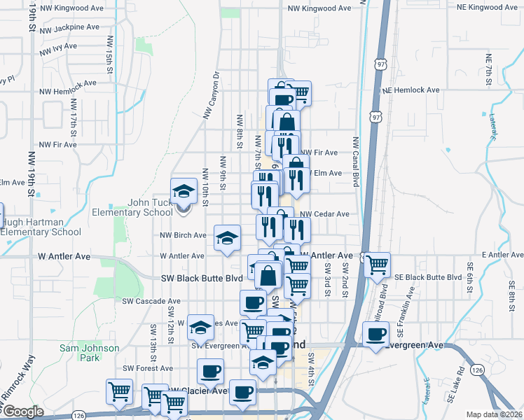 map of restaurants, bars, coffee shops, grocery stores, and more near 507 Northwest Cedar Avenue in Redmond