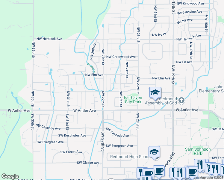 map of restaurants, bars, coffee shops, grocery stores, and more near 2661 Northwest Cedar Avenue in Redmond