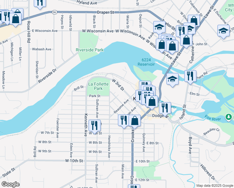 map of restaurants, bars, coffee shops, grocery stores, and more near 309 West 4th Street in Kaukauna