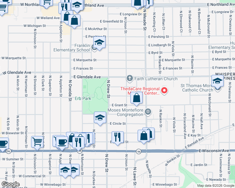 map of restaurants, bars, coffee shops, grocery stores, and more near 500 East Parkway Boulevard in Appleton