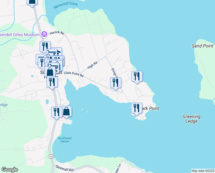 map of restaurants, bars, coffee shops, grocery stores, and more near 109 Clark Point Road in Southwest Harbor