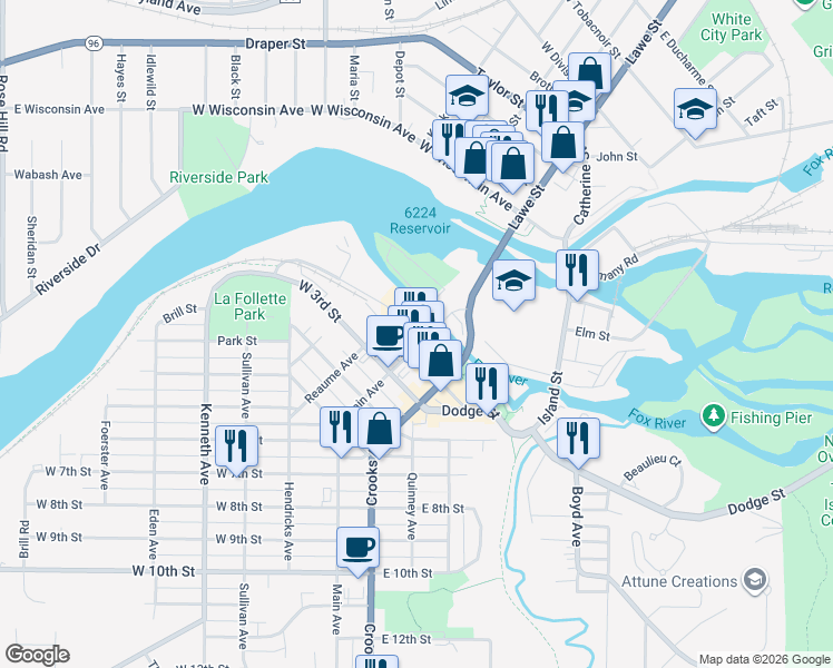 map of restaurants, bars, coffee shops, grocery stores, and more near 175 Main Avenue in Kaukauna