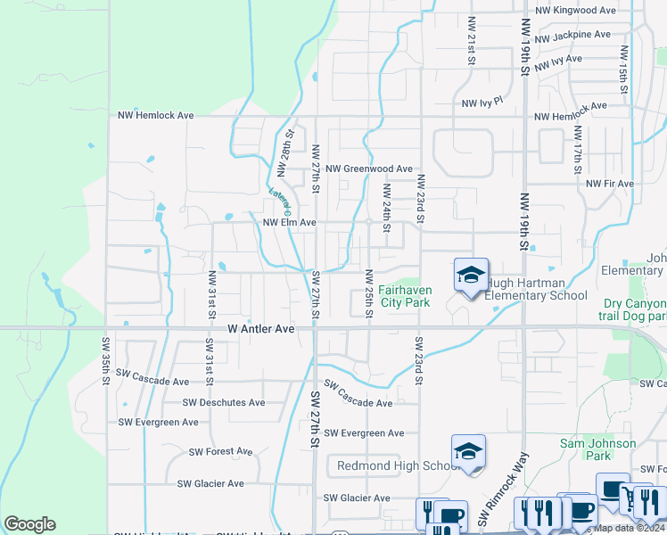 map of restaurants, bars, coffee shops, grocery stores, and more near 2655 Northwest Cedar Avenue in Redmond