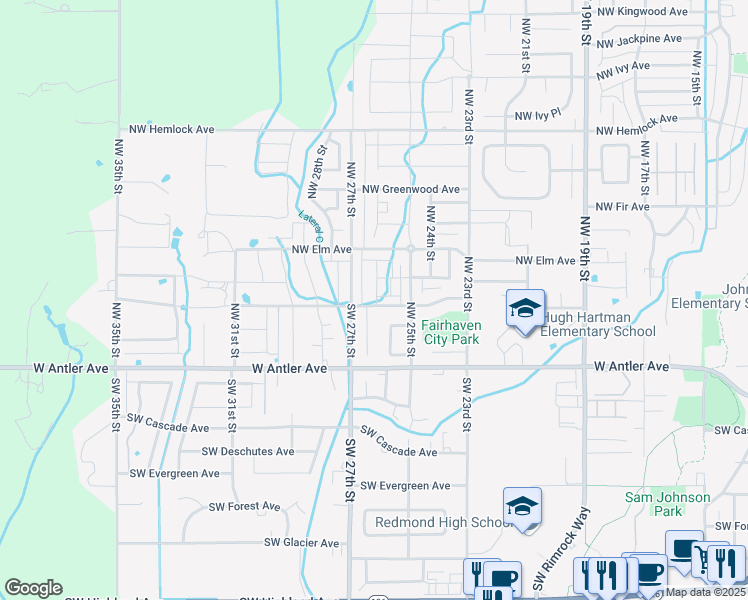map of restaurants, bars, coffee shops, grocery stores, and more near 2645 Northwest Cedar Avenue in Redmond