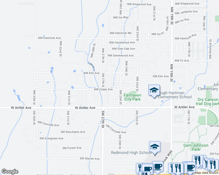 map of restaurants, bars, coffee shops, grocery stores, and more near 2651 Northwest Cedar Avenue in Redmond