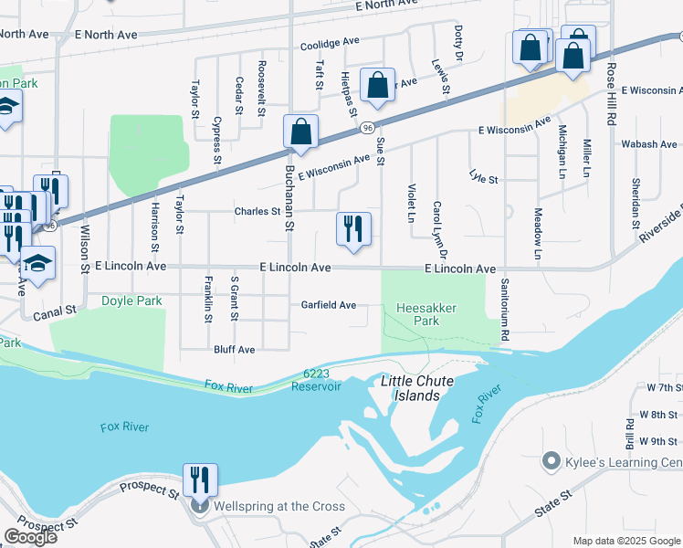 map of restaurants, bars, coffee shops, grocery stores, and more near 1217 East Lincoln Avenue in Little Chute