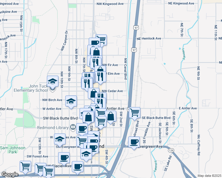 map of restaurants, bars, coffee shops, grocery stores, and more near 315 Northwest Cedar Avenue in Redmond
