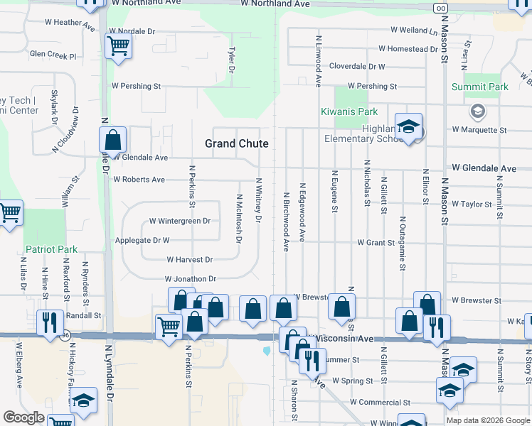 map of restaurants, bars, coffee shops, grocery stores, and more near 1814 North Whitney Drive in Appleton