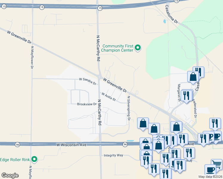 map of restaurants, bars, coffee shops, grocery stores, and more near 1966 Anita Court in Appleton