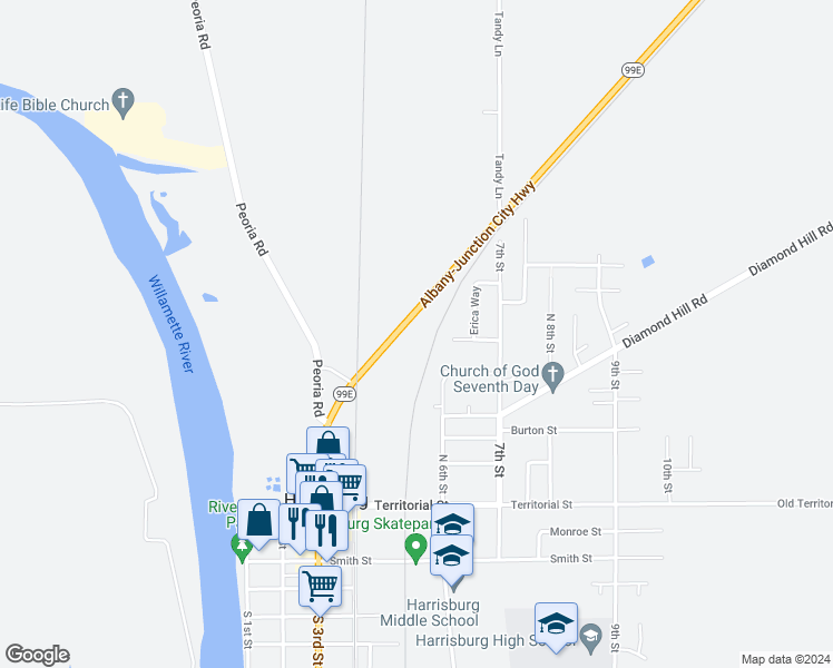 map of restaurants, bars, coffee shops, grocery stores, and more near 23475 Highway 99E in Harrisburg