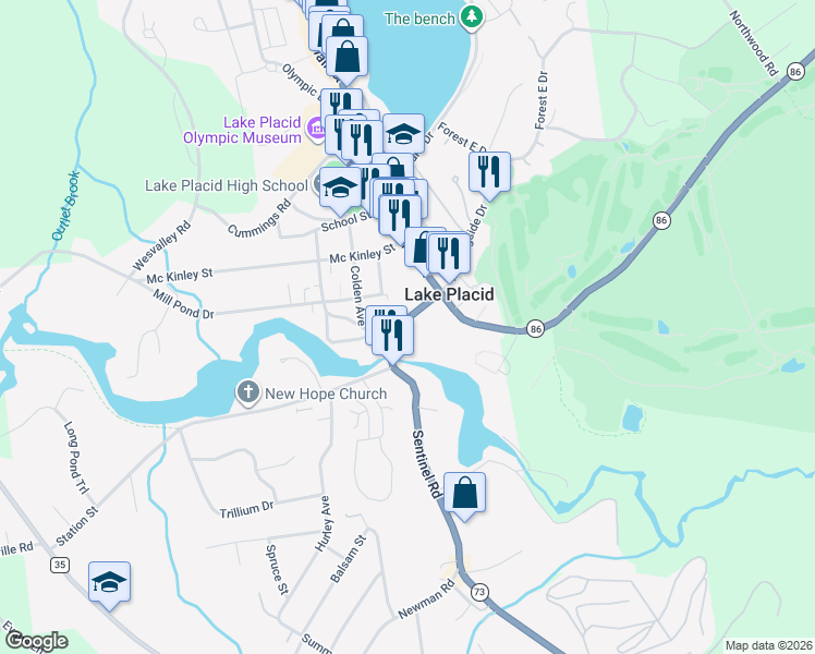 map of restaurants, bars, coffee shops, grocery stores, and more near 6162 Sentinel Road in Lake Placid