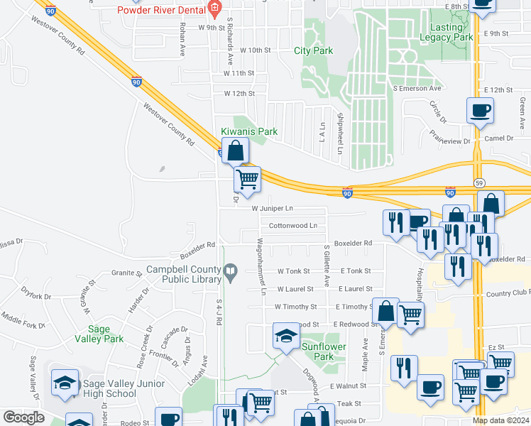 map of restaurants, bars, coffee shops, grocery stores, and more near 1701 Wagonhammer Lane in Gillette