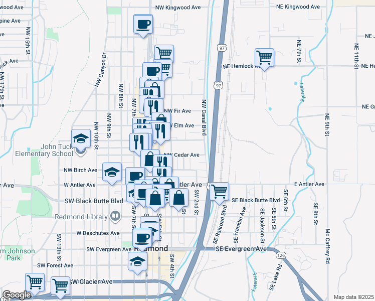 map of restaurants, bars, coffee shops, grocery stores, and more near 315 Northwest Cedar Avenue in Redmond