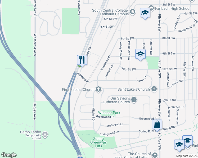 map of restaurants, bars, coffee shops, grocery stores, and more near 1057 Westwood Drive in Faribault