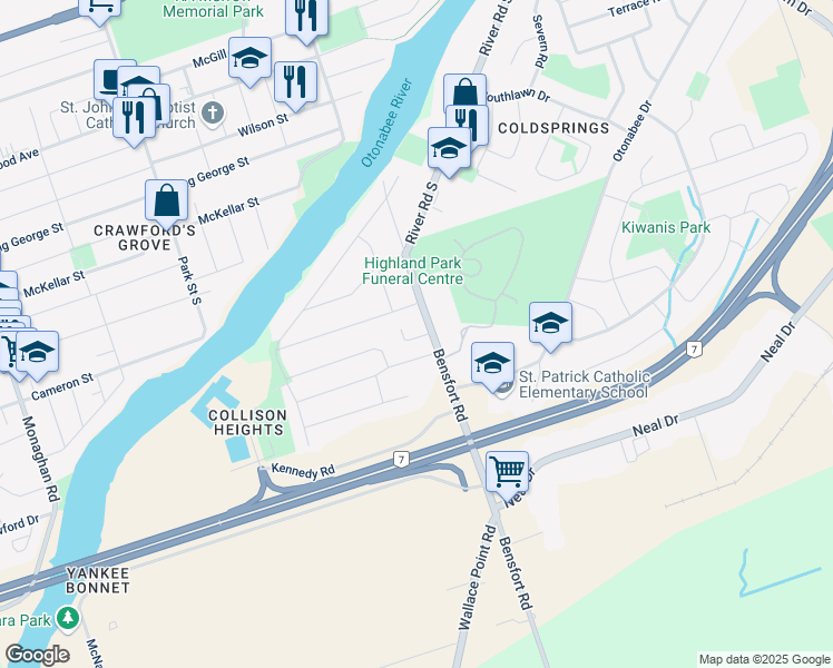 map of restaurants, bars, coffee shops, grocery stores, and more near 2449 Bensfort Road in Peterborough