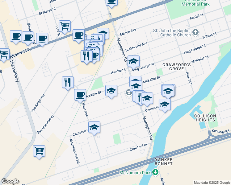 map of restaurants, bars, coffee shops, grocery stores, and more near in Peterborough