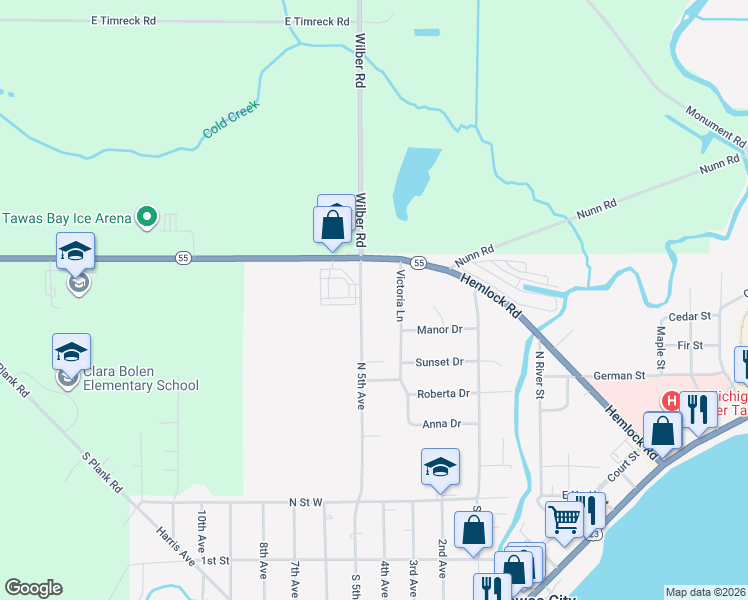 map of restaurants, bars, coffee shops, grocery stores, and more near 462-698 North 5th Avenue in Tawas City