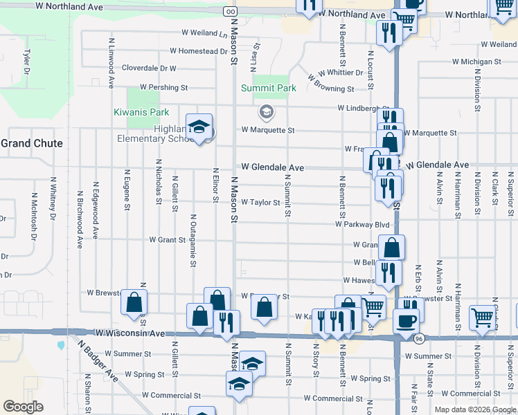 map of restaurants, bars, coffee shops, grocery stores, and more near 1224 West Parkway Boulevard in Appleton