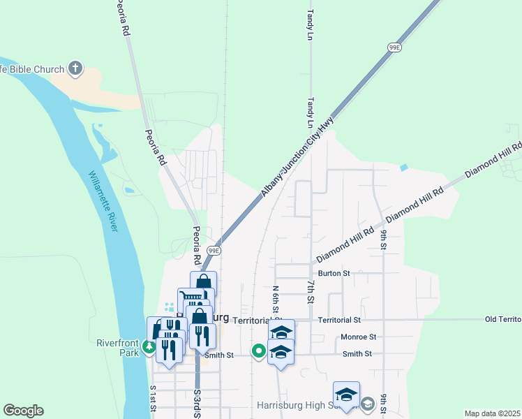 map of restaurants, bars, coffee shops, grocery stores, and more near 23475 Oregon 99E in Harrisburg