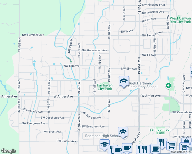 map of restaurants, bars, coffee shops, grocery stores, and more near 374 Northwest 25th Street in Redmond