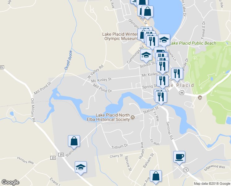 map of restaurants, bars, coffee shops, grocery stores, and more near 280 Mill Pond Drive in Lake Placid