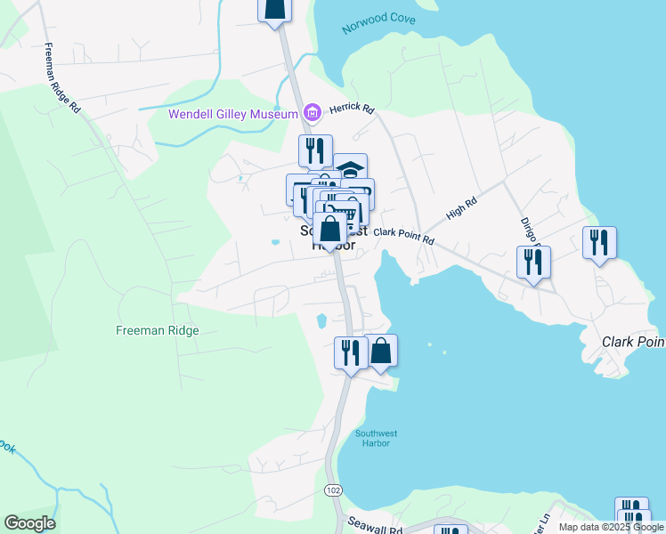 map of restaurants, bars, coffee shops, grocery stores, and more near 376 Main Street in Southwest Harbor